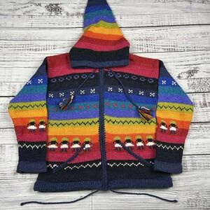 Ecuador Wool Zip Hoodie Jacket S/M Rainbow Aztec Southwest Boho Native Handmade